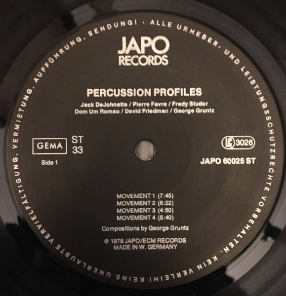 Jack DeJohnette / Pierre Favre / Fredy Studer / Dom Um Romao / David Friedman / George Gruntz - Percussion Profiles | Japo Records (JAPO 60025) - 4 Jack DeJohnette / Pierre Favre / Fredy Studer / Dom Um Romao / David Friedman / George Gruntz - Percussion Profiles | Japo Records (JAPO 60025) - 4