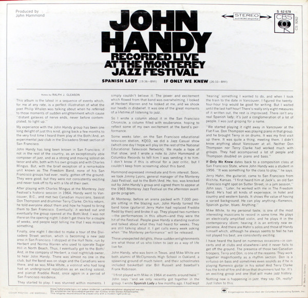 John Handy - Recorded Live At The Monterey Jazz Festival | CBS (S 62 678) - 2