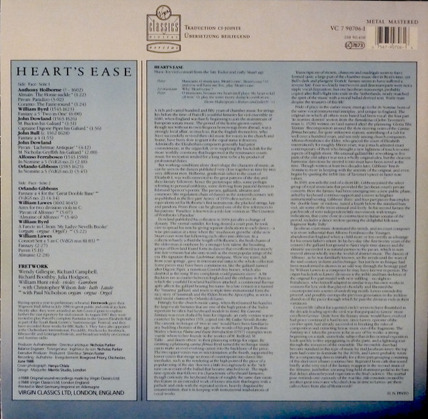 Anthony Holborne , William Byrd , John Dowland , John Bull , Orlando Gibbons , William Lawes , Alfonso Ferrabosco / Fretwork - Heart's Ease (Music For Viol Consort From The Late Tudor And Early Stuart Age) | Virgin Classics (VC 7 90706-1) - 2