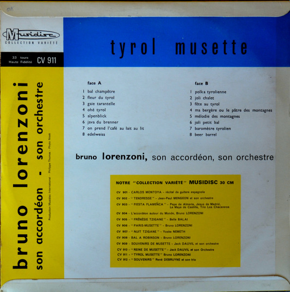 Bruno Lorenzoni Et Son Orchestre - Tyrol Musette | Musidisc (30 CV 911) - 2