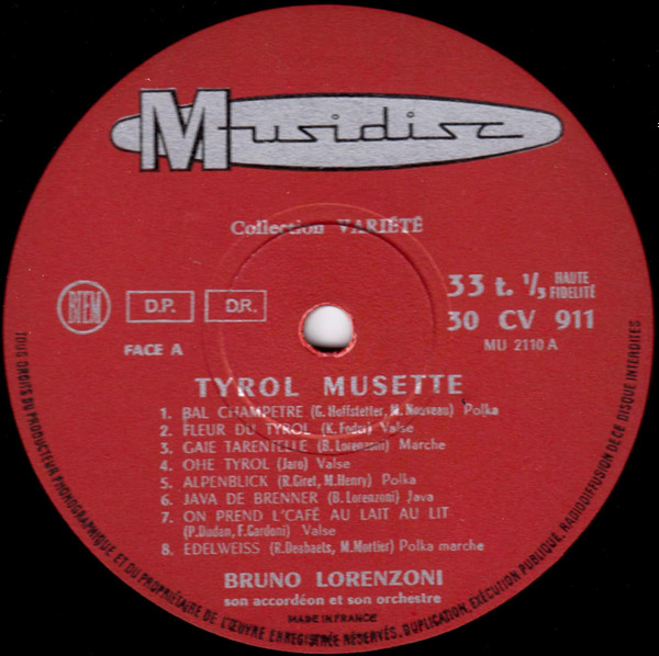 Bruno Lorenzoni Et Son Orchestre - Tyrol Musette | Musidisc (30 CV 911) - 3