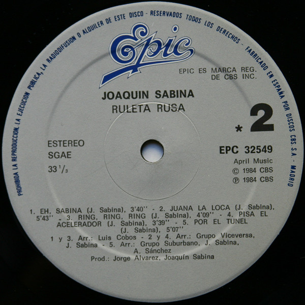 Joaquín Sabina - Ruleta Rusa | Epic (EPC 32549) - 4