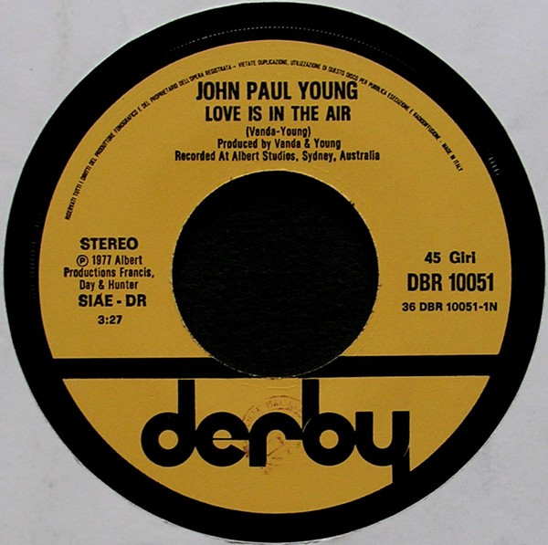 John Paul Young - Love Is In The Air / Won't Let This Feeling Go By | Derby (DBR 10051) - 3