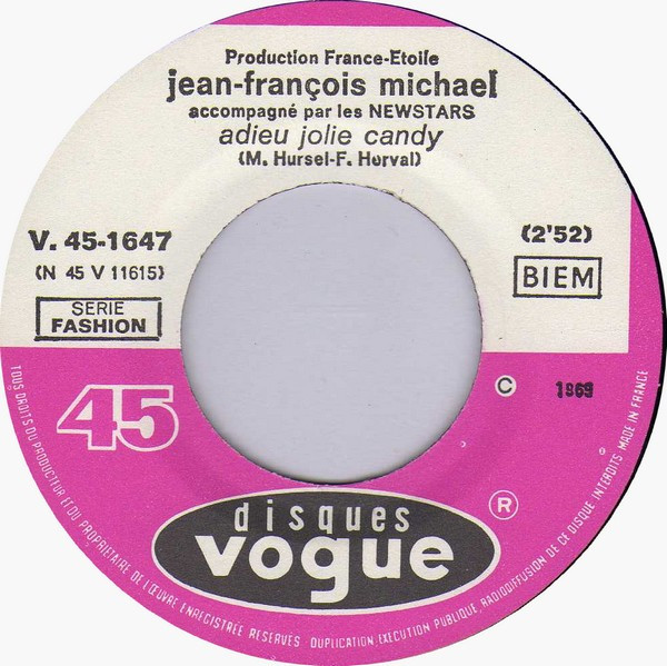 Jean-François Michael / Les Newstars - Adieu Jolie Candy / Francine | Disques Vogue (V. 45-1647) - 3