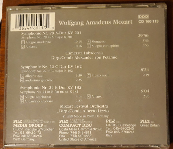 Wolfgang Amadeus Mozart - Symphonien Nr. 22, 24 Und 29 | Pilz (CD 160 113) - 2