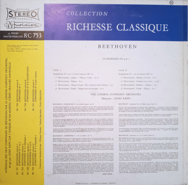 Ludwig van Beethoven - London Symphony Orchestra , Josef Krips - Symphonies No 4 Et 5 [Vinyl] | Musidisc (RC 753) - 2