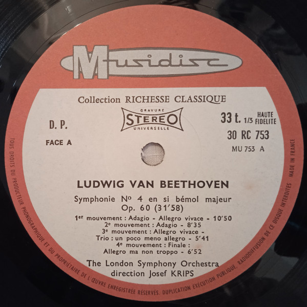 Ludwig van Beethoven - London Symphony Orchestra , Josef Krips - Symphonies No 4 Et 5 [Vinyl] | Musidisc (RC 753) - 3