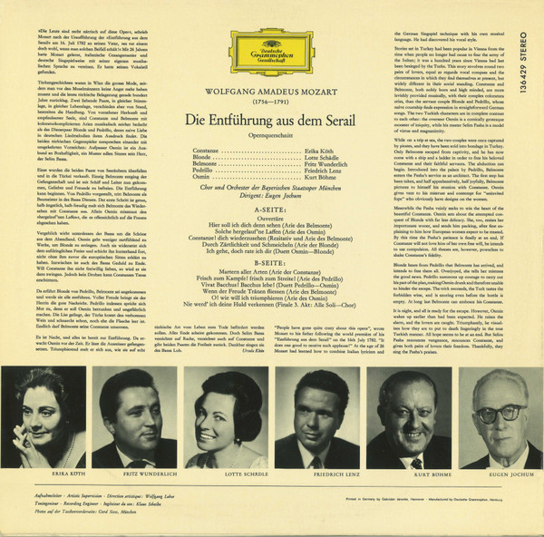 Wolfgang Amadeus Mozart , Erika Köth , Fritz Wunderlich , Lotte Schädle , Friedrich Lenz , Kurt Böhme , Eugen Jochum - Die Entführung Aus Dem Serail | Deutsche Grammophon (SLPEM 136 429) - 2