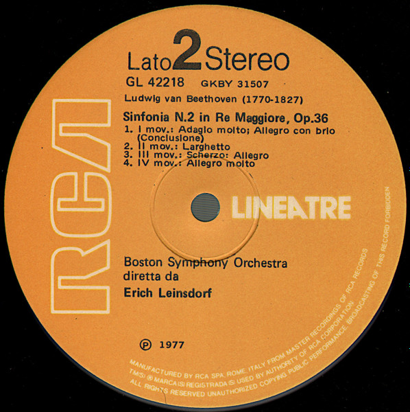 Ludwig van Beethoven - Boston Symphony Orchestra , Erich Leinsdorf - Sinfonie N. 1 E N. 2 In Do Magg. Op. 21 / In Re Magg. Op. 36 | RCA (GL 42218) - 4
