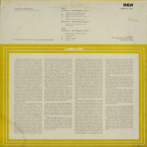 Ludwig van Beethoven - Boston Symphony Orchestra , Erich Leinsdorf - Sinfonie N. 1 E N. 2 In Do Magg. Op. 21 / In Re Magg. Op. 36 | RCA (GL 42218) - 2