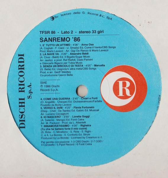 Various - Sanremo 86 | Ricordi (TFSR 86) - 4