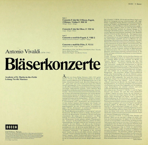 Antonio Vivaldi - The Academy Of St. Martin-in-the-Fields , Sir Neville Marriner - Bläserkonzerte | Decca (34 031 5) - 2