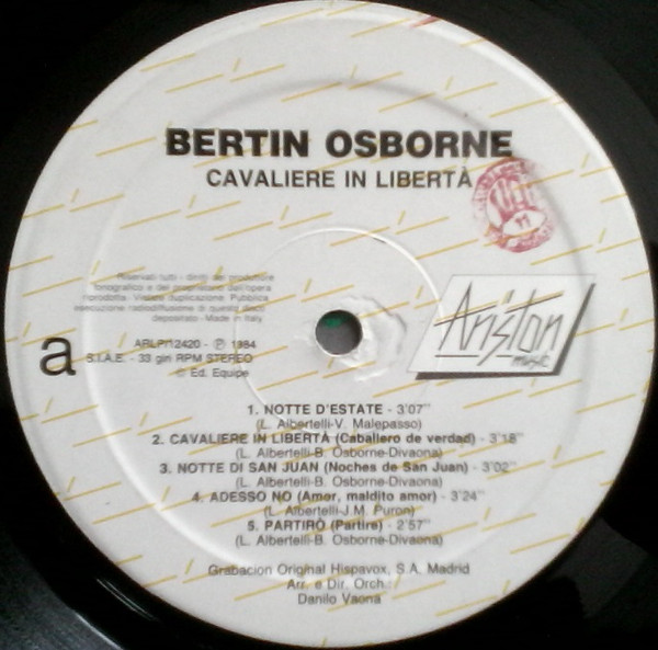 Bertín Osborne - Cavaliere In Libertà | Ariston Music (ARLP 12420) - 3