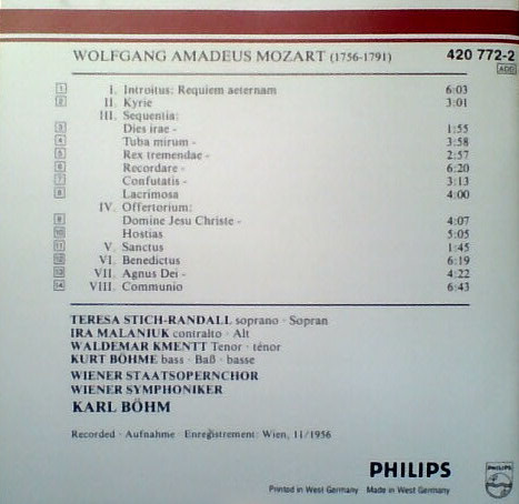 Wolfgang Amadeus Mozart , Karl Böhm , Teresa Stich-Randall , Ira Malaniuk , Waldemar Kmentt , Kurt Böhme , Wiener Staatsopernchor , Wiener Symphoniker - Requiem | Philips (420 772-2) - 2