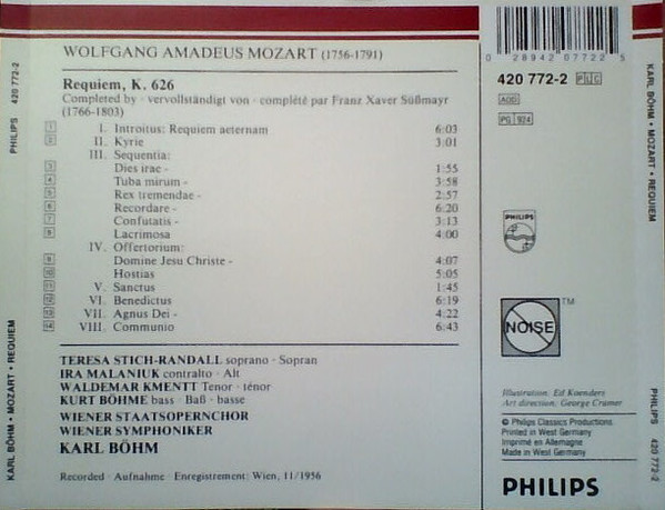 Wolfgang Amadeus Mozart , Karl Böhm , Teresa Stich-Randall , Ira Malaniuk , Waldemar Kmentt , Kurt Böhme , Wiener Staatsopernchor , Wiener Symphoniker - Requiem | Philips (420 772-2) - 3