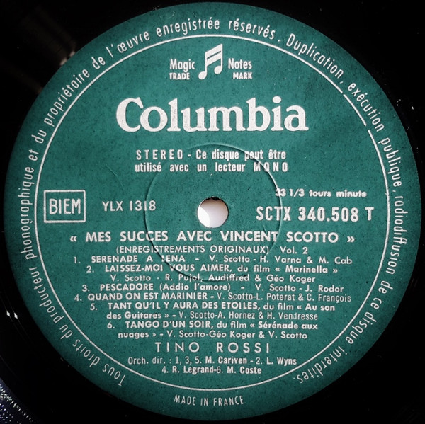 Tino Rossi - Mes Succès Avec Vincent Scotto Vol. 2 | Columbia (SCTX 340.508) - 3