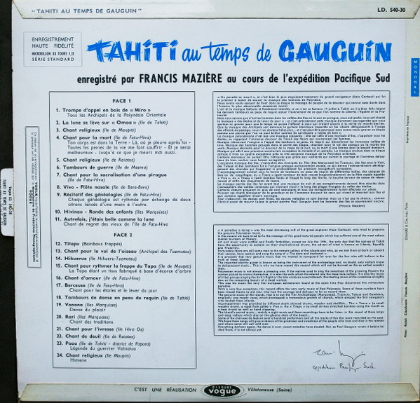 Francis Mazière , Various - Tahiti Au Temps De Gauguin | Disques Vogue (LD. 540-30) - 2 Francis Mazière , Various - Tahiti Au Temps De Gauguin | Disques Vogue (LD. 540-30) - 2