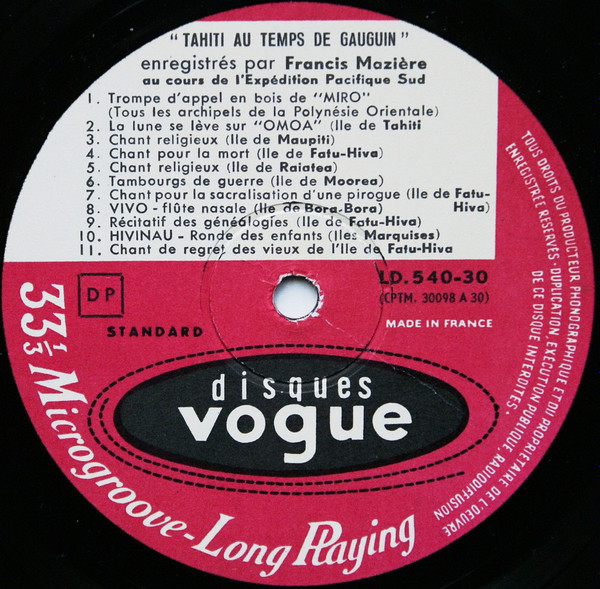 Francis Mazière , Various - Tahiti Au Temps De Gauguin | Disques Vogue (LD. 540-30) - 3 Francis Mazière , Various - Tahiti Au Temps De Gauguin | Disques Vogue (LD. 540-30) - 3