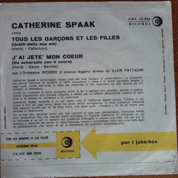 Catherine Spaak - Tous Les Garçons Et Les Filles = Quelli Della Mia Età / J'Ai Jeté Mon Coeur = Ho Scherzato Con Il Cuore | Ricordi (SRL 10-323) - 2