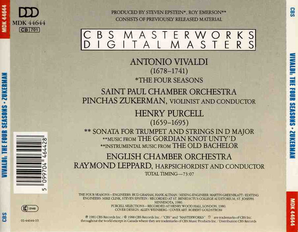 Antonio Vivaldi , The Saint Paul Chamber Orchestra , Pinchas Zukerman - The Four Seasons | CBS Masterworks (MDK 44644) - 2
