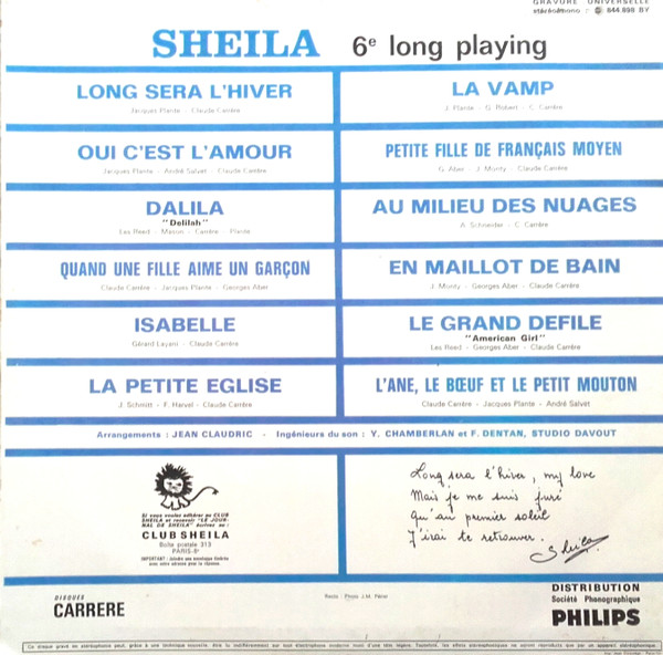 Sheila - Long Sera L'hiver | Disques Carrere (844.898 BY) - 2 Sheila - Long Sera L'hiver | Disques Carrere (844.898 BY) - 2