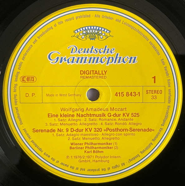 Wolfgang Amadeus Mozart - Wiener Philharmoniker , Berliner Philharmoniker , Karl Böhm - Eine Kleine Nachtmusik / "Posthorn-Serenade" | Deutsche Grammophon (415 843-1) - 3