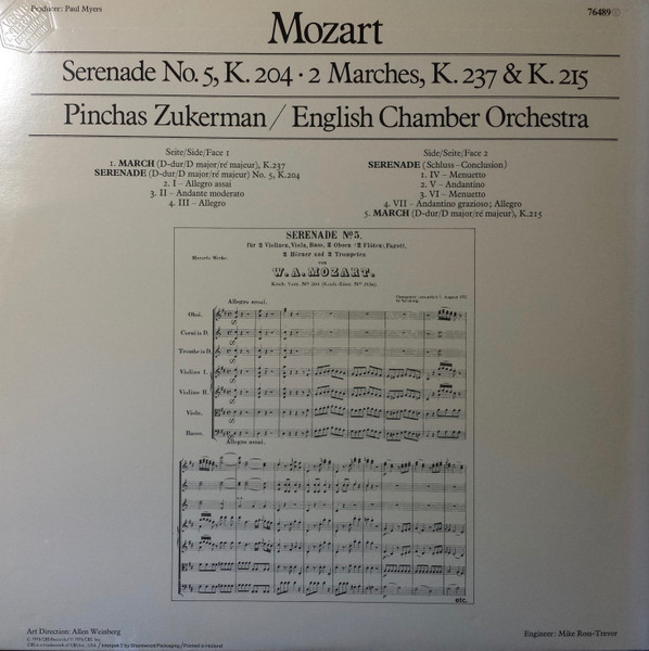 Wolfgang Amadeus Mozart , Pinchas Zukerman , English Chamber Orchestra - 2 Marches : K.237 & K.215 - Serenade N°5 K.204 | CBS (76489) - 4