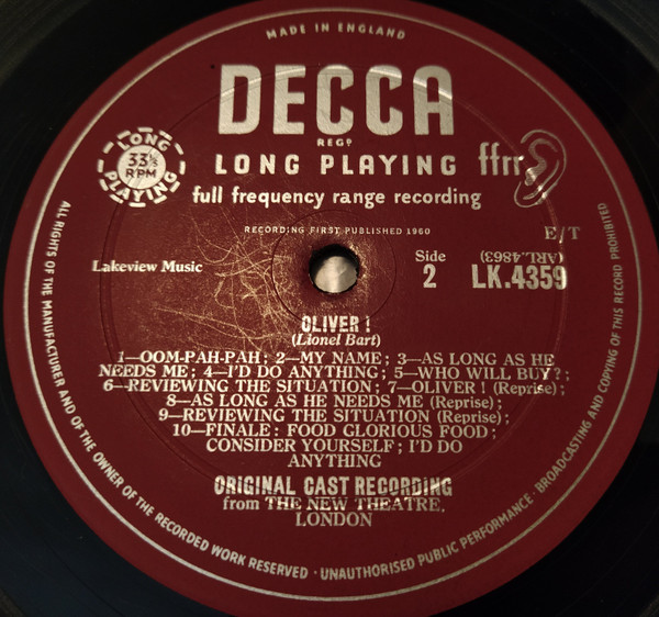 Lionel Bart - "Oliver!" Original London Cast - Oliver! | Decca (LK 4359) - 2