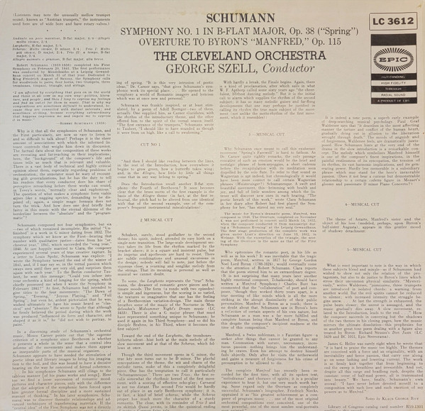 Robert Schumann , The Cleveland Orchestra , George Szell - Symphony No. 1 In B Flat Major, Op. 38 "Spring" / Manfred Overture, Op.115 [Vinyl] | Epic (LC 3612) - 4
