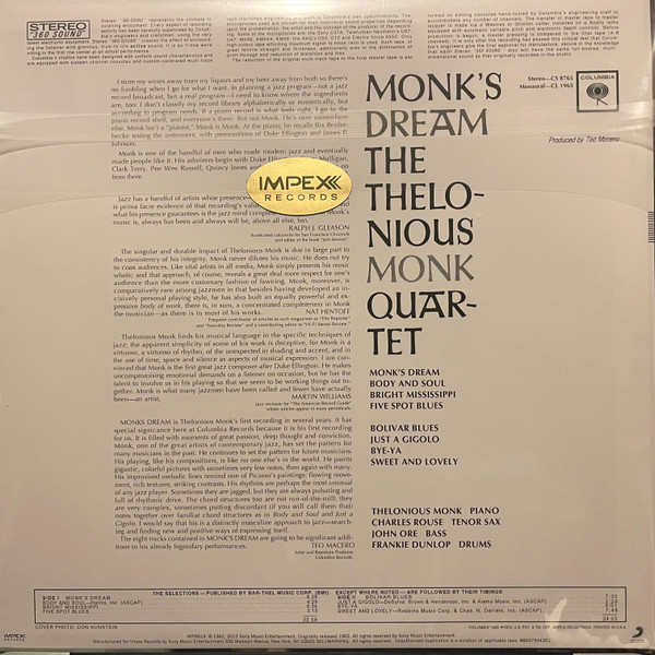 The Thelonious Monk Quartet - Monk's Dream | Impex Records (IMP6014) - 2 The Thelonious Monk Quartet - Monk's Dream | Impex Records (IMP6014) - 2