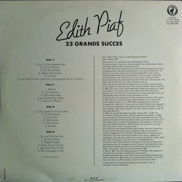 Edith Piaf - The Wonderful World Of Edith Piaf - 23 Grands Succes | Yesterdays Gold (YDG 15730) - 2