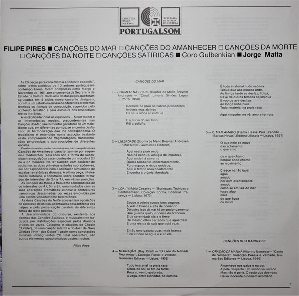 Filipe Pires , Chorus Of The Gulbenkian Foundation , Jorge Matta - Canções Do Mar / Canções Do Amanhecer / Canções Da Morte / Canções Da Noite / Canções Satíricas | Portugalsom (860001/PS) - 3