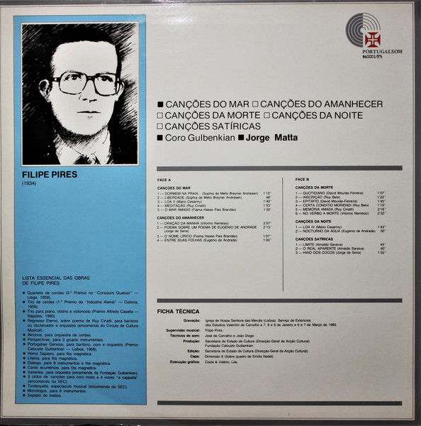 Filipe Pires , Chorus Of The Gulbenkian Foundation , Jorge Matta - Canções Do Mar / Canções Do Amanhecer / Canções Da Morte / Canções Da Noite / Canções Satíricas | Portugalsom (860001/PS) - 2