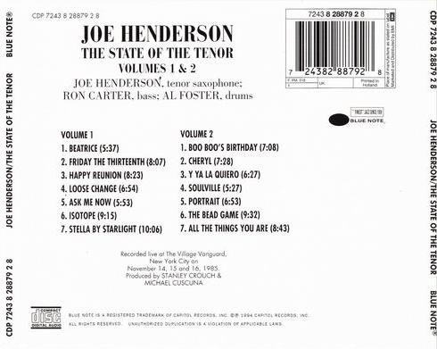 Joe Henderson - The State Of The Tenor • Live At The Village Vanguard (Volumes 1 & 2) | Blue Note (CDP 7243 8 28879 2 8) - 2