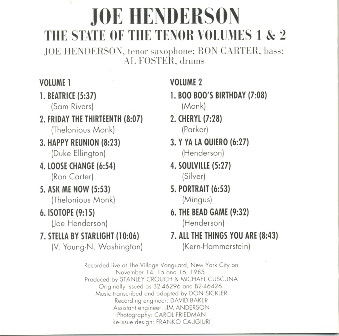 Joe Henderson - The State Of The Tenor • Live At The Village Vanguard (Volumes 1 & 2) | Blue Note (CDP 7243 8 28879 2 8) - main