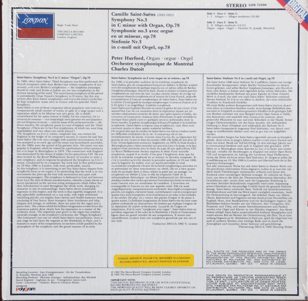 Camille Saint-Saëns / Orchestre symphonique de Montréal , Charles Dutoit  -  Peter Hurford - Organ Symphony - Orgel-Symphonie | London Records (LDR 71090) - 2