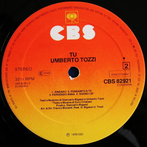 Umberto Tozzi - Tu | CBS (CBS 82921) - 2