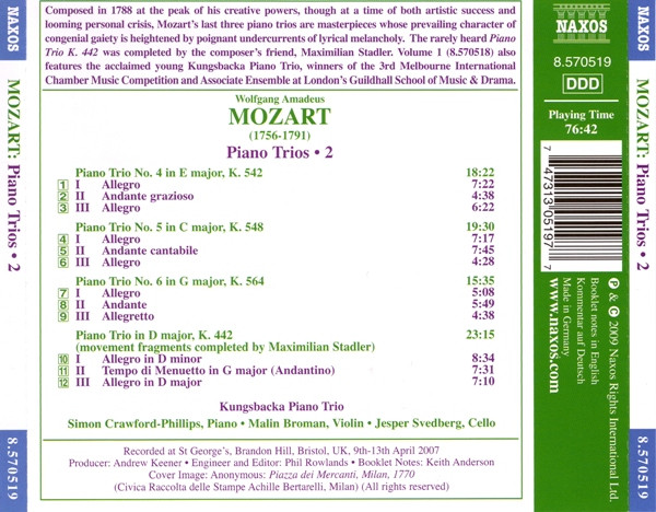 Wolfgang Amadeus Mozart , Kungsbacka Piano Trio - Late Piano Trios (K. 542, K. 548 And K. 564) | Naxos (8.570519) - 2