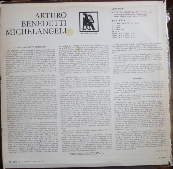 Arturo Benedetti Michelangeli , Ludwig van Beethoven , Baldassare Galuppi , Domenico Scarlatti - The Artistry Of Arturo Benedetti Michelangeli | London Records (CS 6446) - 2