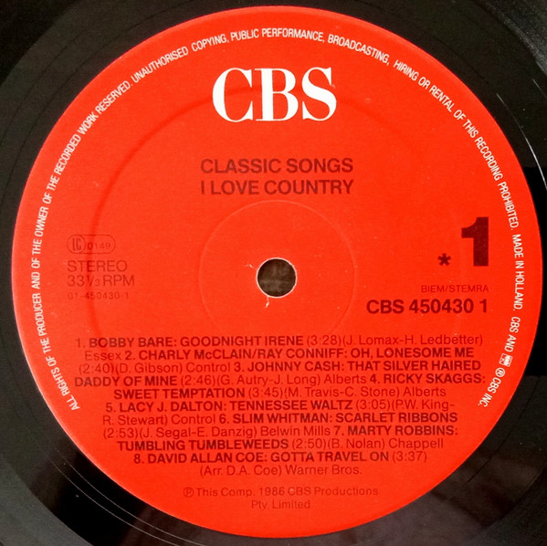 Various - Classic Songs - I Love Country | CBS (450430 1) - 3 Various - Classic Songs - I Love Country | CBS (450430 1) - 3