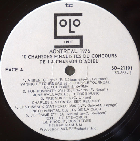 Various - Montréal 1976 10 Chansons Finalistes Du Concours De La Chanson D'Adieu | Les Disques Solo Inc. (SO-21101) - 3 Various - Montréal 1976 10 Chansons Finalistes Du Concours De La Chanson D'Adieu | Les Disques Solo Inc. (SO-21101) - 3
