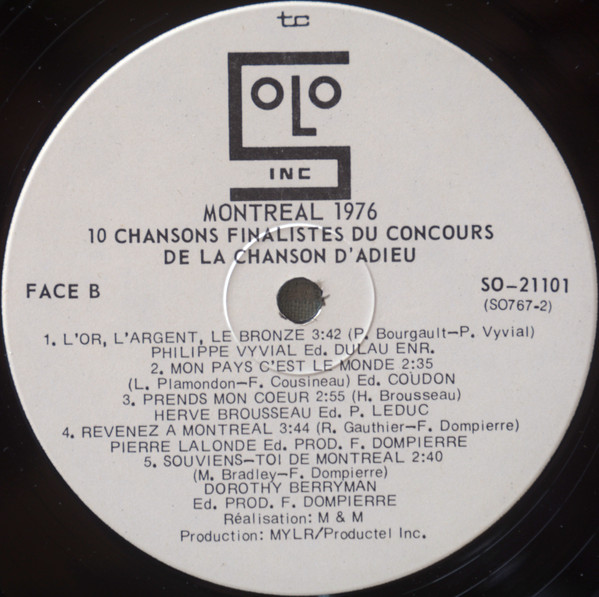 Various - Montréal 1976 10 Chansons Finalistes Du Concours De La Chanson D'Adieu | Les Disques Solo Inc. (SO-21101) - 4 Various - Montréal 1976 10 Chansons Finalistes Du Concours De La Chanson D'Adieu | Les Disques Solo Inc. (SO-21101) - 4