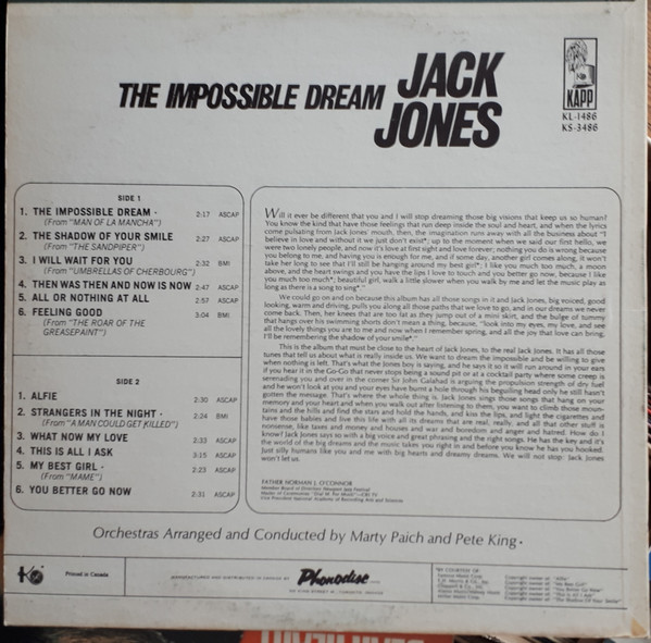 Jack Jones - The Impossible Dream [Vinyl] | Kapp Records (KS-3486) - 2
