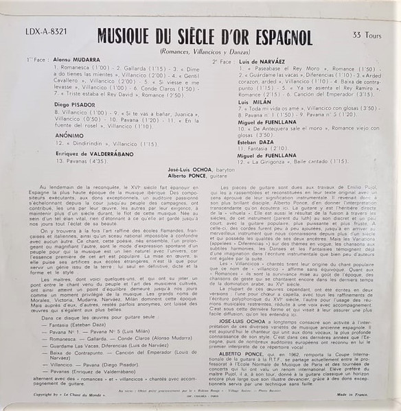 José-Luis Ochoa , Alberto Ponce - Musique Du Siecle D' Or Espagnol | Le Chant Du Monde (LDX-A-8321) - 2