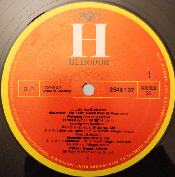 Wilhelm Kempff - Wolfgang Amadeus Mozart · Ludwig van Beethoven · Franz Schubert · Robert Schumann · Johannes Brahms - »Für Elise« | Heliodor (2548 137) - 3