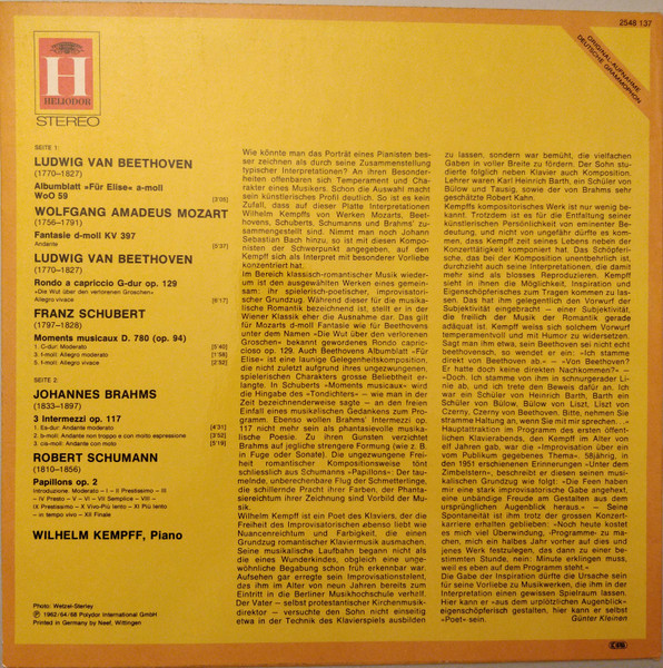 Wilhelm Kempff - Wolfgang Amadeus Mozart · Ludwig van Beethoven · Franz Schubert · Robert Schumann · Johannes Brahms - »Für Elise« | Heliodor (2548 137) - 2