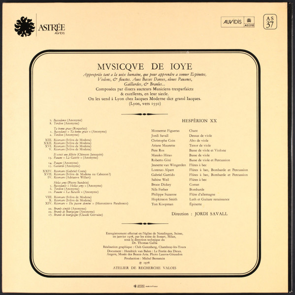 Hespèrion XX , Direction Jordi Savall - Mvsicqve De Ioye  (Appropriée Tant A La Uoix Humaine, Que Pour Apprendre A Sonner Espinetes, Violes & Heustres, Auec Basses Danses , Eleues Pauanes, Gaillardes, & Branles...) | Astrée Auvidis (AS 37) - 2