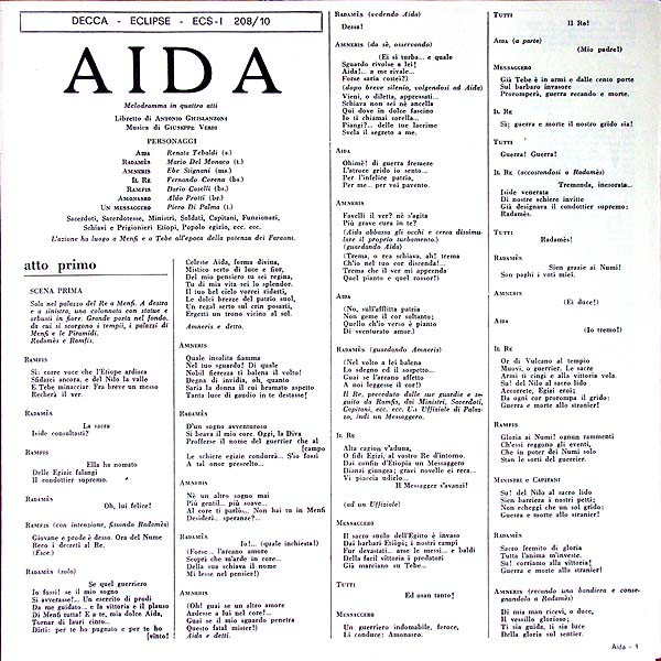 Giuseppe Verdi - Renata Tebaldi , Mario del Monaco , Ebe Stignani , Aldo Protti , Orchestra dell'Accademia Nazionale di Santa Cecilia E Coro dell'Accademia Nazionale di Santa Cecilia , Alberto Erede - Aida | Decca (ECSI 208/10) - 2
