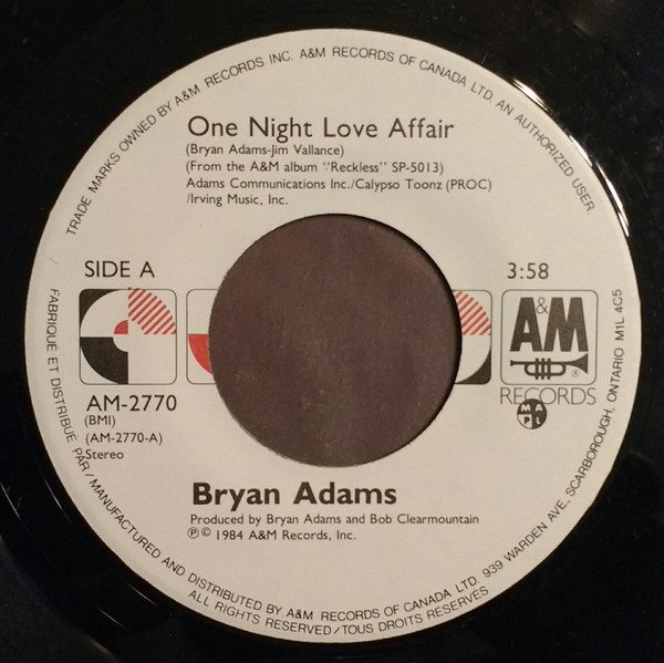Bryan Adams - One Night Love Affair (7") [Vinyl] | A&M Records (AM-2770) - 3