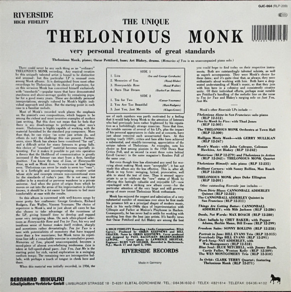 Thelonious Monk - The Unique Thelonious Monk | Riverside Records (RLP-209) - 2 Thelonious Monk - The Unique Thelonious Monk | Riverside Records (RLP-209) - 2